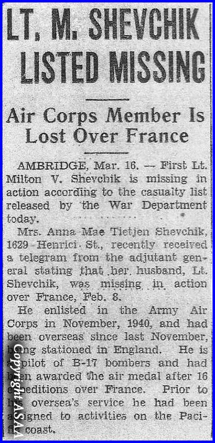 Ambridge, Pennsylvanie - 1st Lt Milton V. Shevchik porté disparu